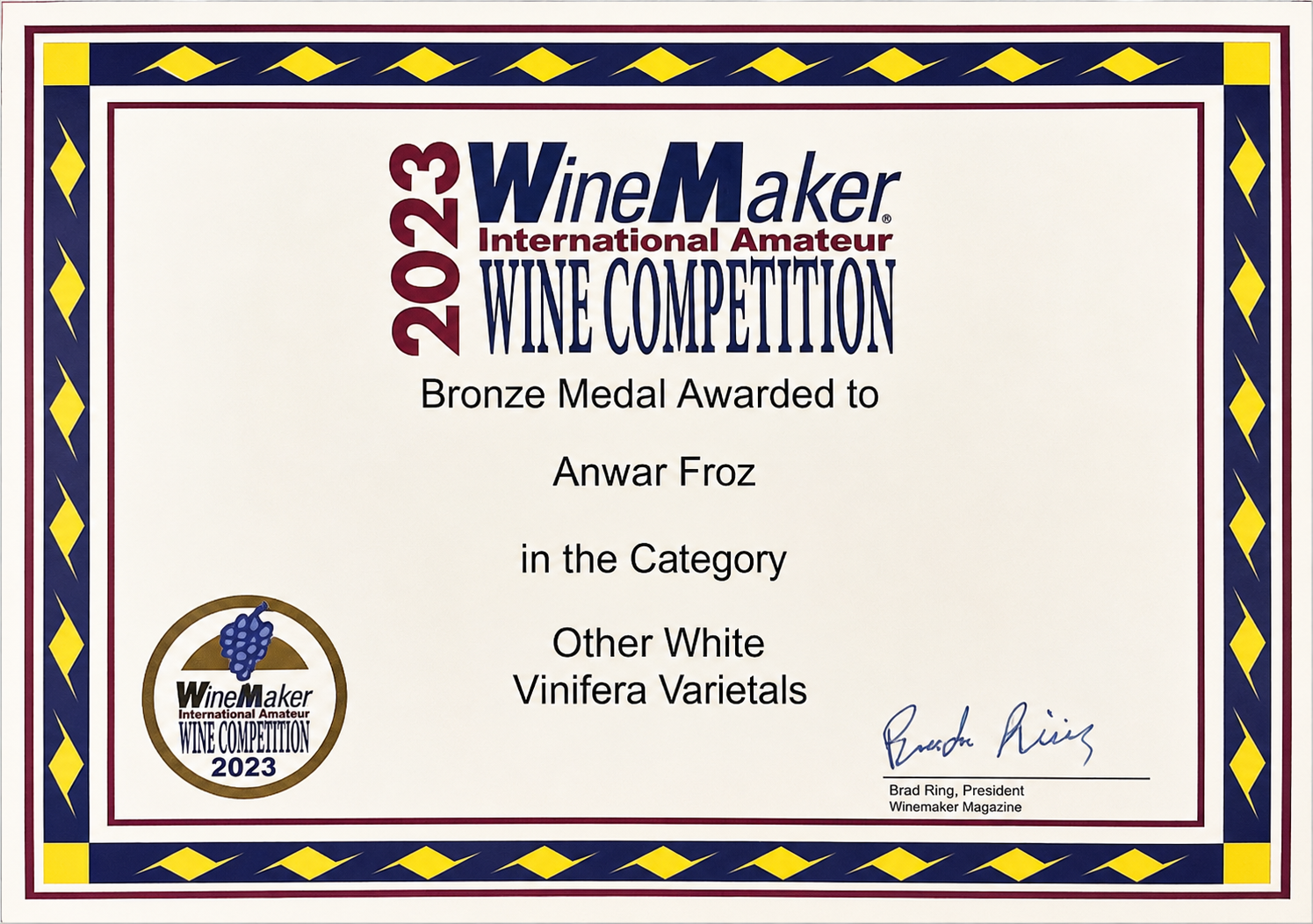 2023 Bronze Medal certificate for Other White Vinifera Varietals