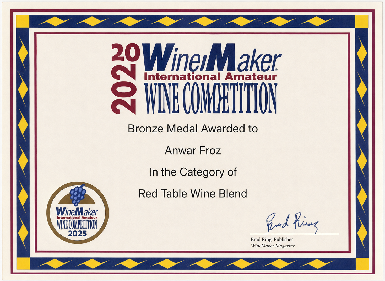 2025 Bronze Medal certificate for Red Table Wine Blend