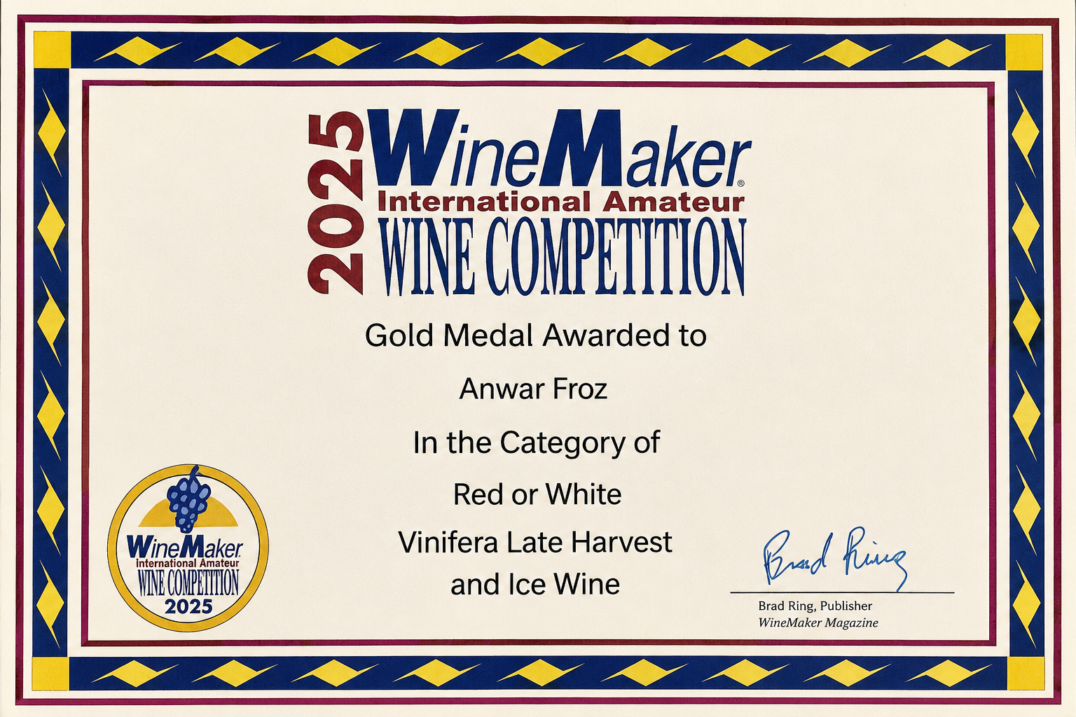 2025 Gold Medal certificate for Late Harvest and Ice Wine