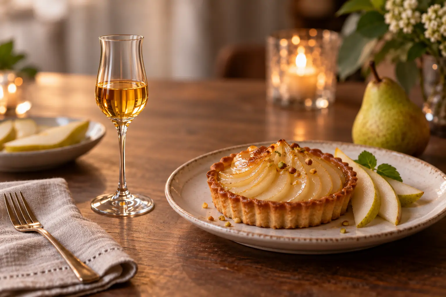 Tarte Bourdaloue with Riesling Ice Wine in a small dessert-wine glass