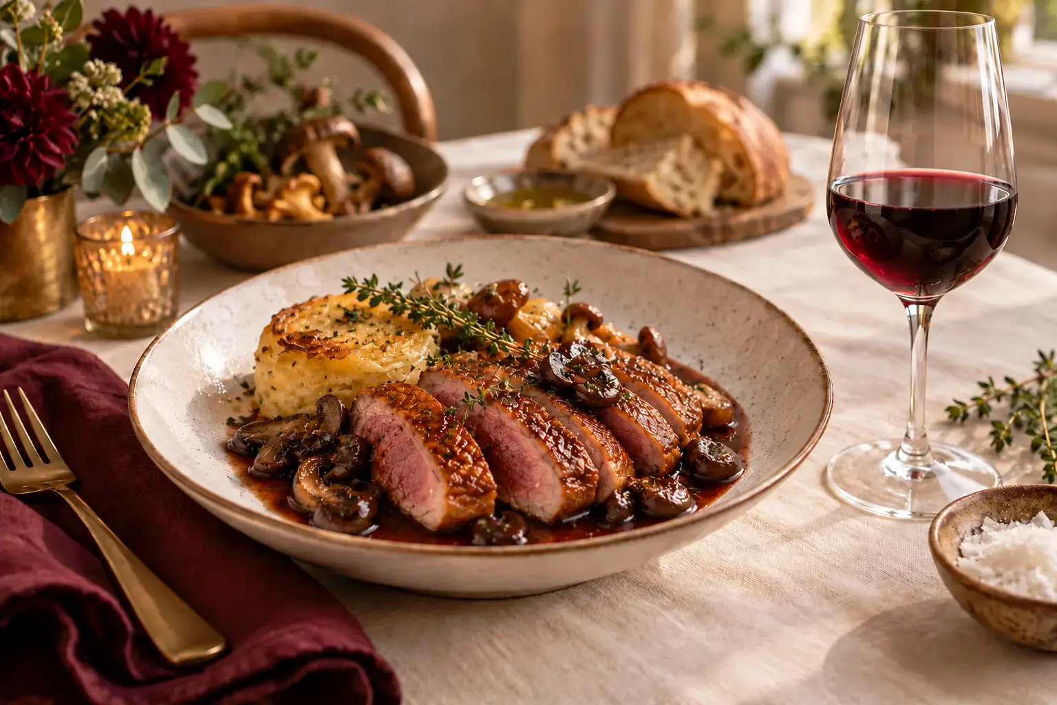 Magret de canard with Merlot in a tall Bordeaux glass