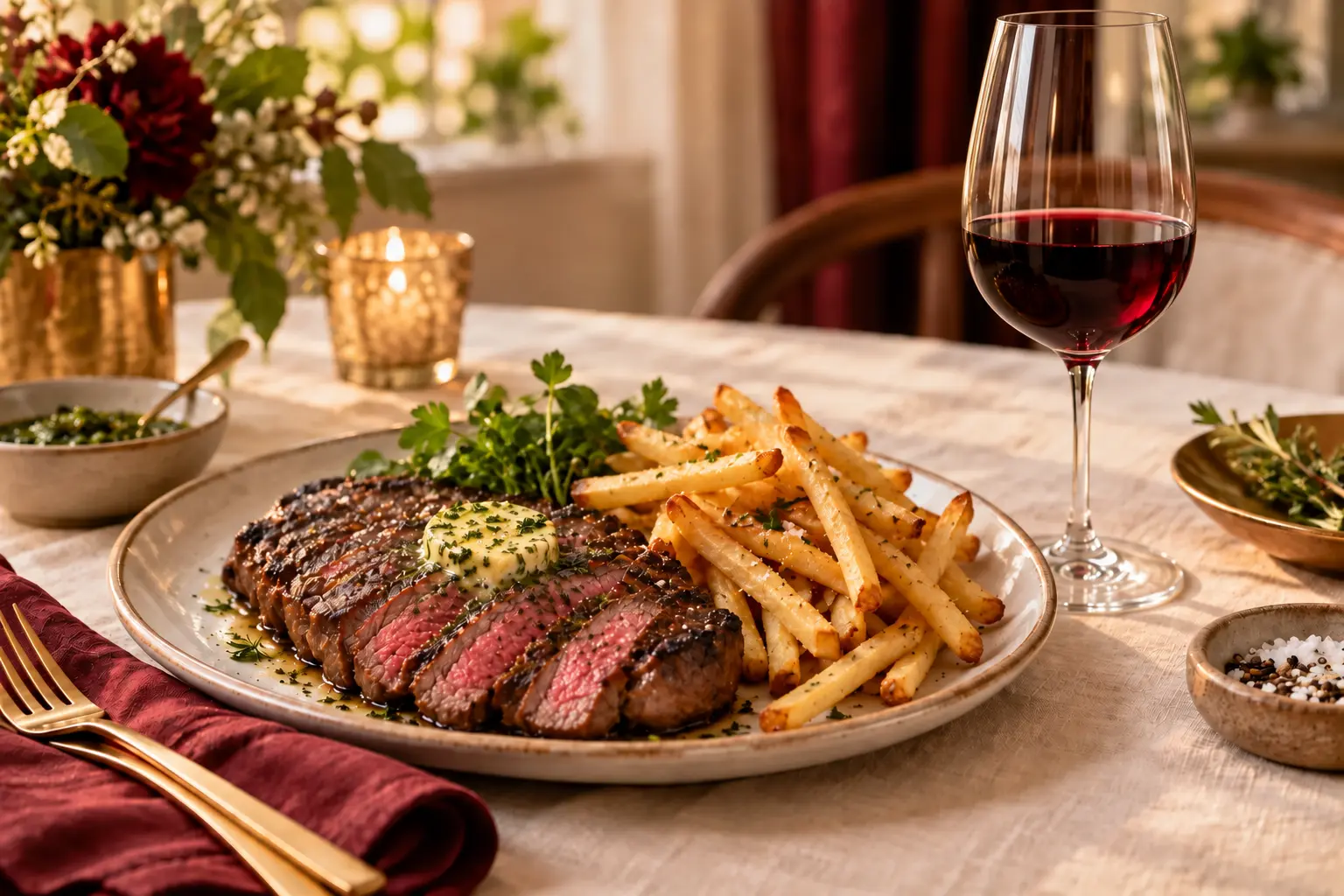 Steak frites with Red Blend in a tall Bordeaux glass