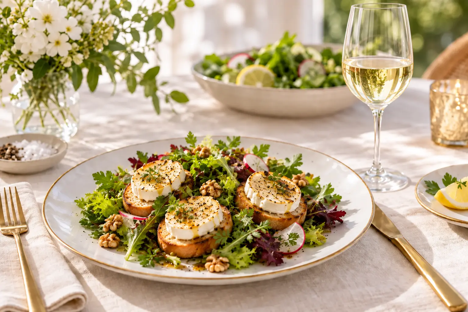 Salade de chèvre chaud with Sauvignon Blanc in a narrow white-wine glass